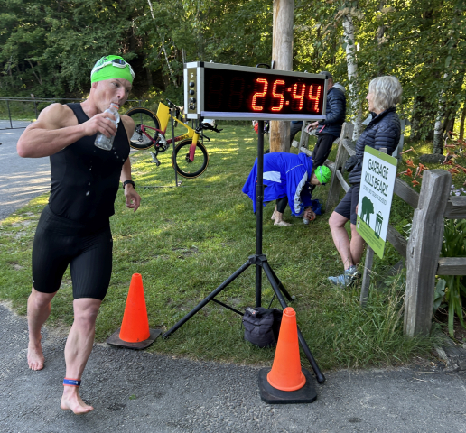 Eventual race winner Kris Freeman at the bike to swim transition
